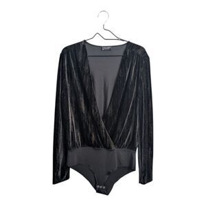 Zara Black Velvet Gold Threads Bodysuit Plunge V-Neck Long Sleeves Fall Winter L